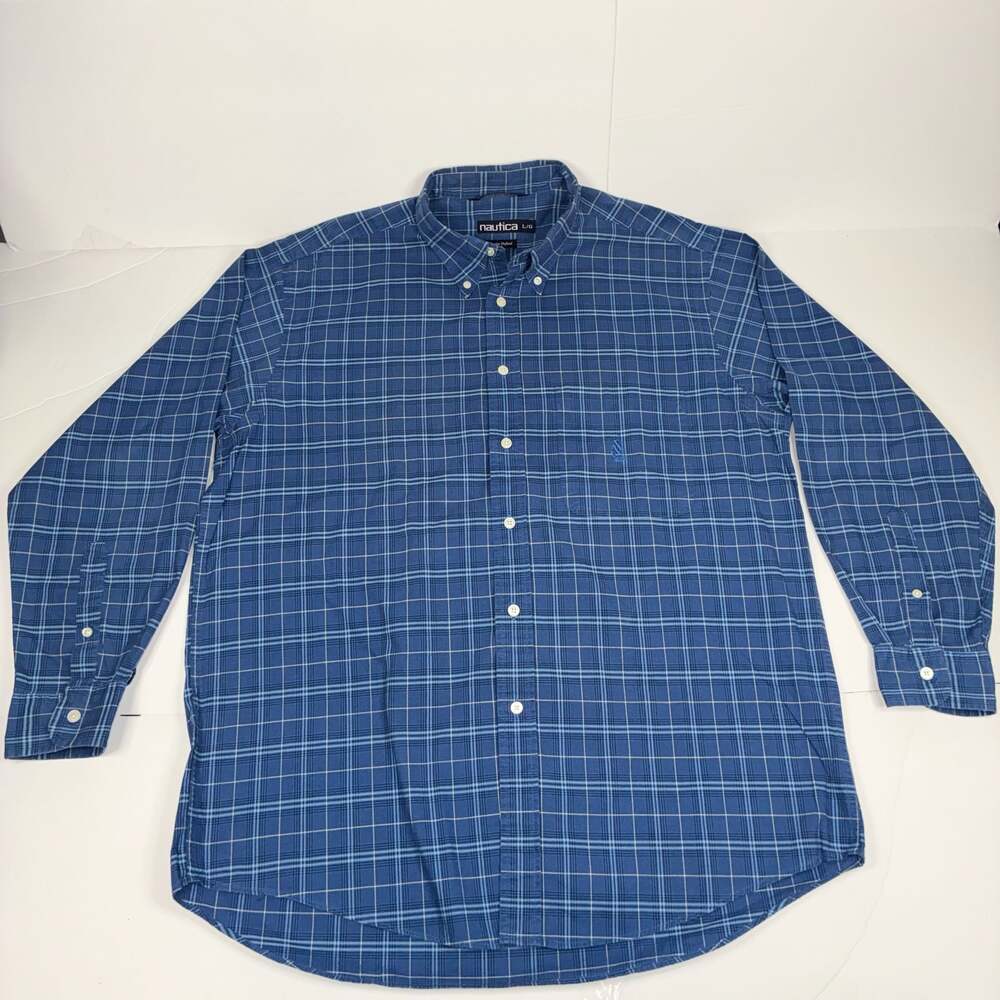 Nautica Mens Blue Plaid Pinpoint Oxford Long Sleeve Button Down Shirt L